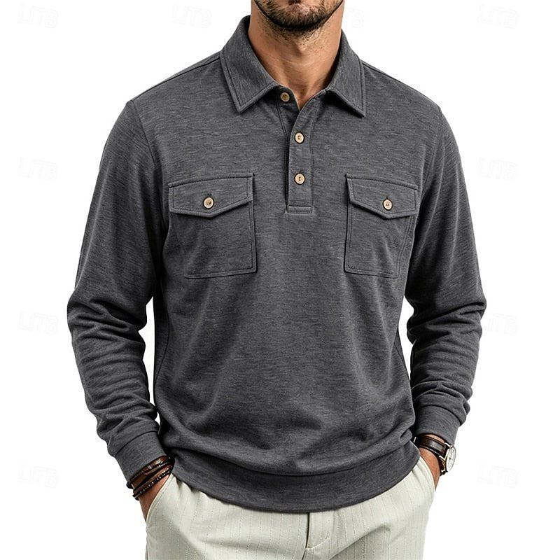 Smart casual men's long-sleeve polo shirt with buttoned collar and regular fit for versatile style.