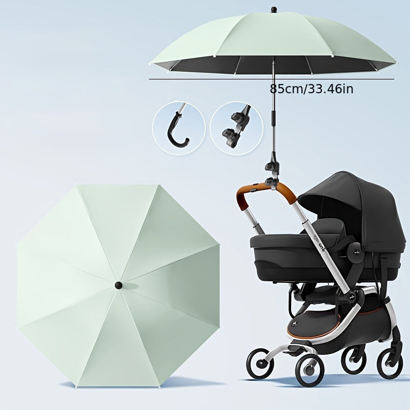 Sturdy trolley umbrella with adjustable clamp, offering UV sun shade & wind protection for strollers.