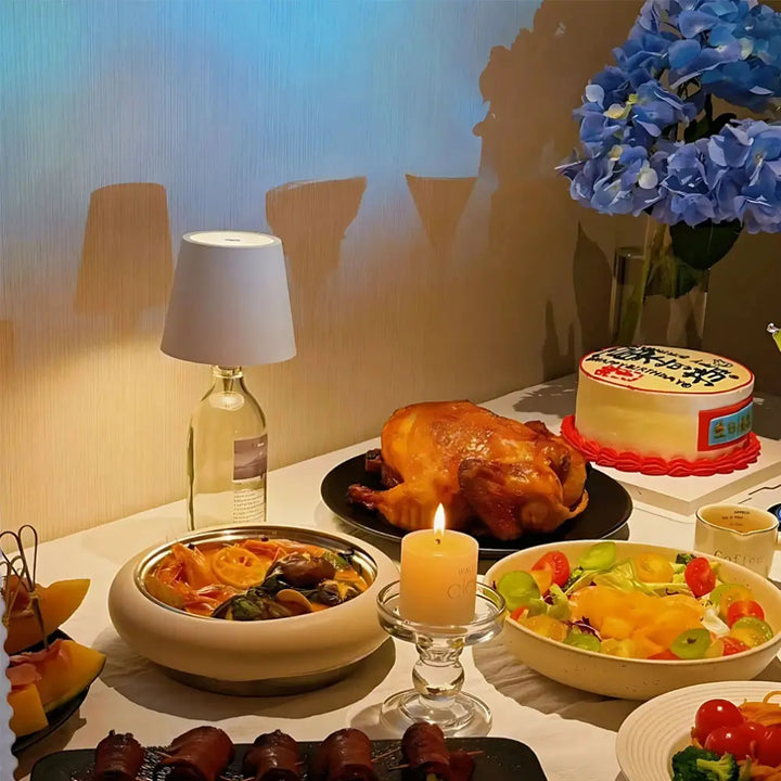 Universal rechargeable LED bottle lamp for elegant home decor. Creates a warm, inviting ambiance.