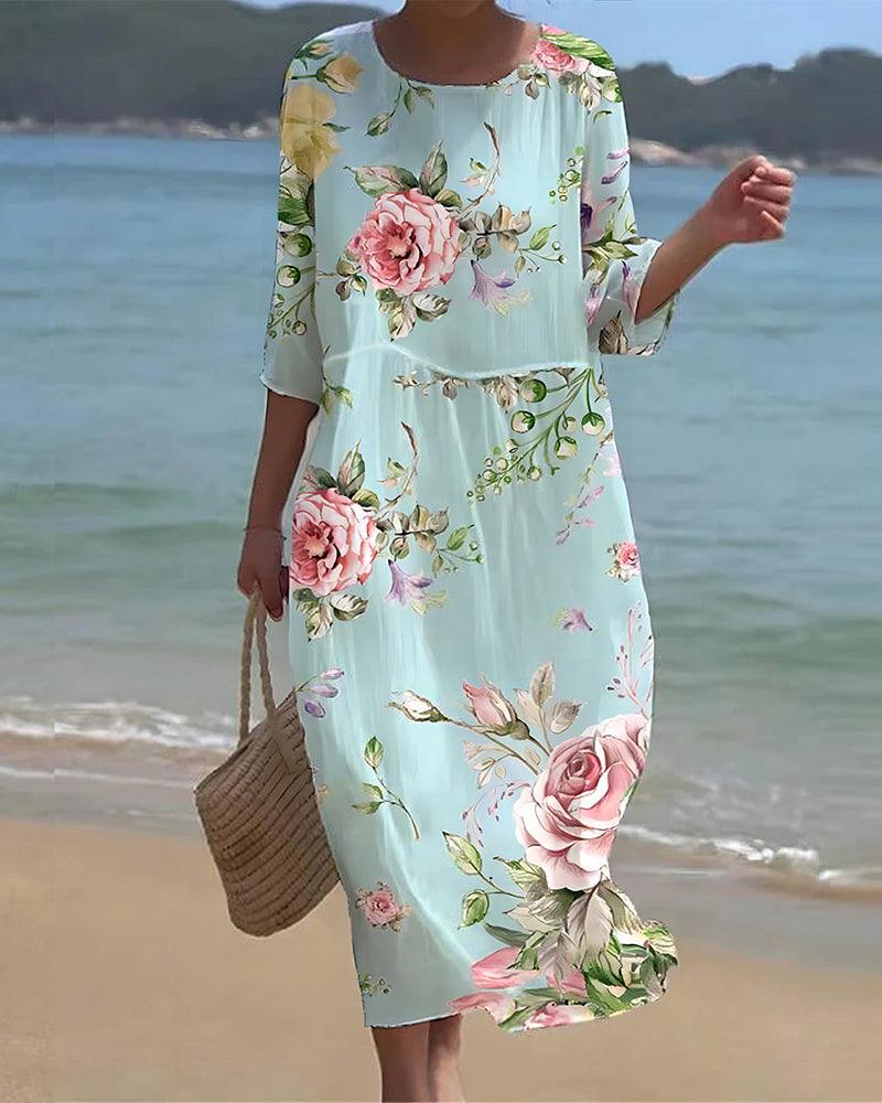 Elegant women's floral midi dress with tummy control design, perfect for summer parties.