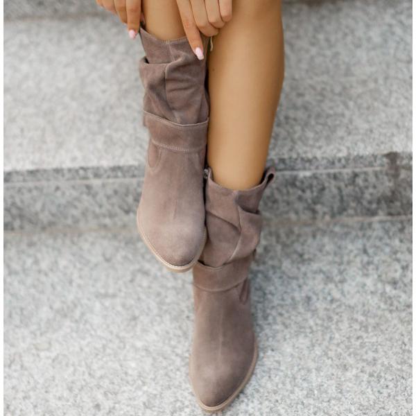 Elegant Rosalie women's slouch ankle boots, low block heel, soft texture for comfortable all-day wear.