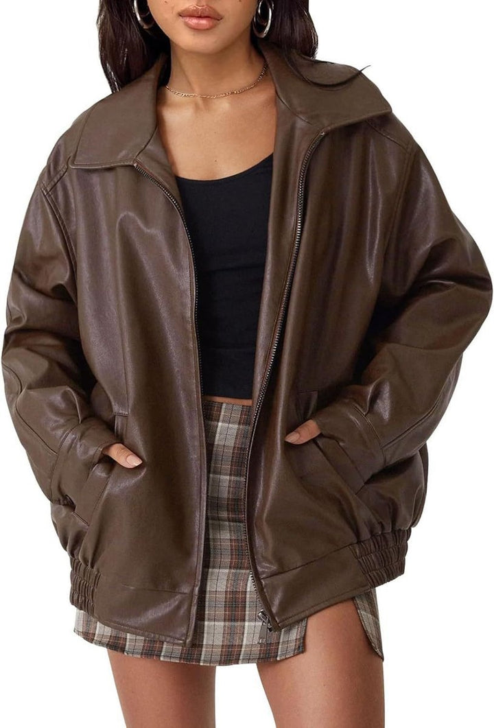 Women's relaxed fit leather bomber jacket, an effortless oversized statement for modern street style.