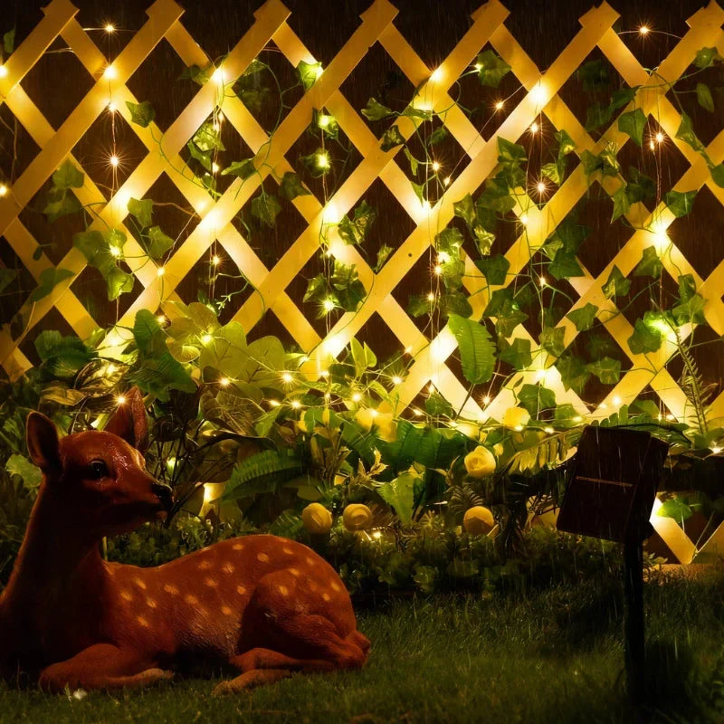 Decorative warm white LED leaf string lights, creating a magical indoor/outdoor ambiance.