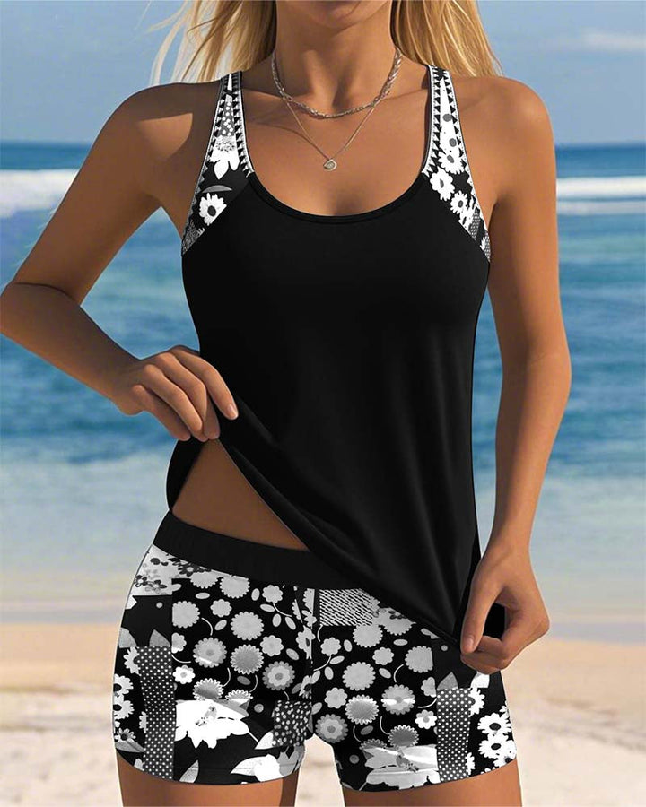 Trendy women's printed two-piece swimsuit, chic summer beach and poolside attire.