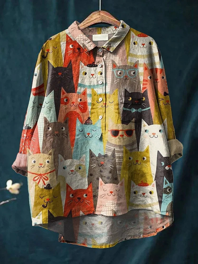 Pet lover's men's shirt with a distinctive whimsical dog and cat art print. Comfortable casual wear.