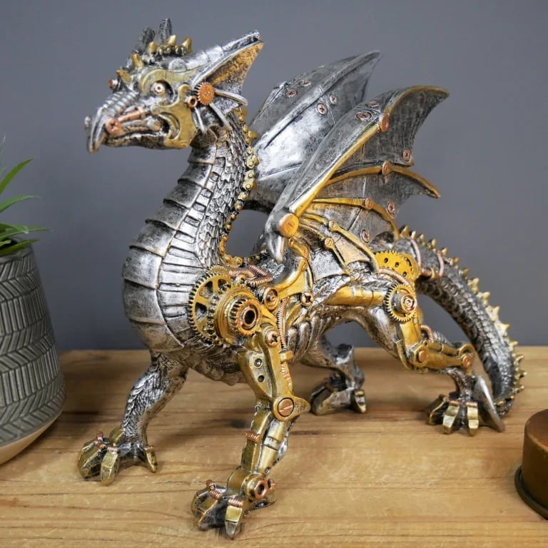 Artistic steampunk elephant figurine, metallic finish, a striking office decor piece, modern interior.