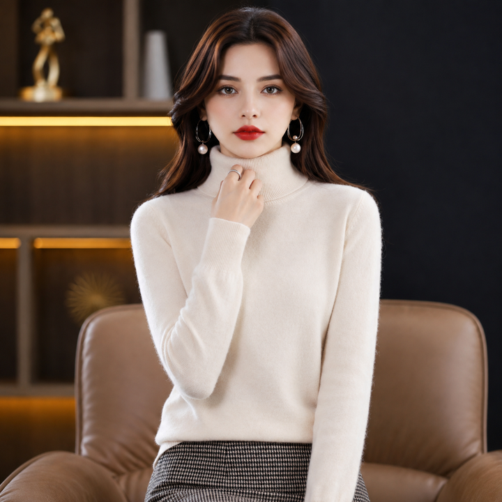 Women's cozy cashmere-blend sweater, a warm turtleneck knitwear piece for chilly days.
