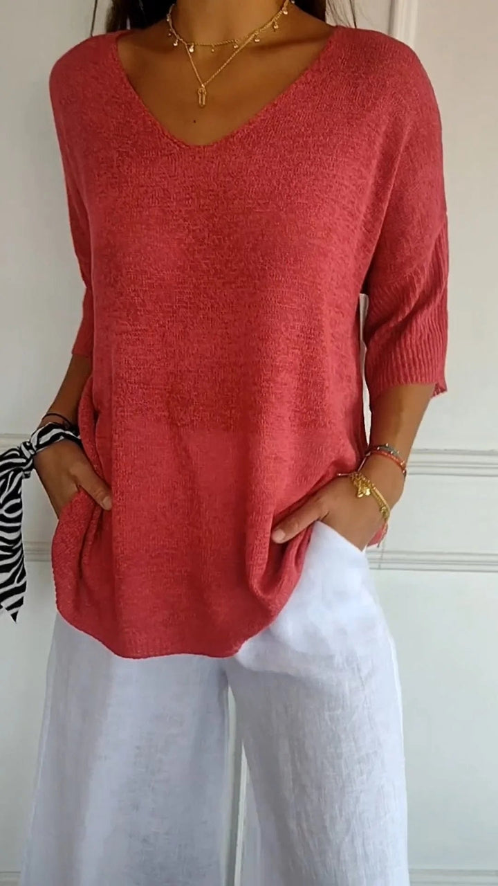 Women's chic V-neck long sleeve top, perfect for effortless everyday style and versatile casual elegance. [[lstfy-media:1]]