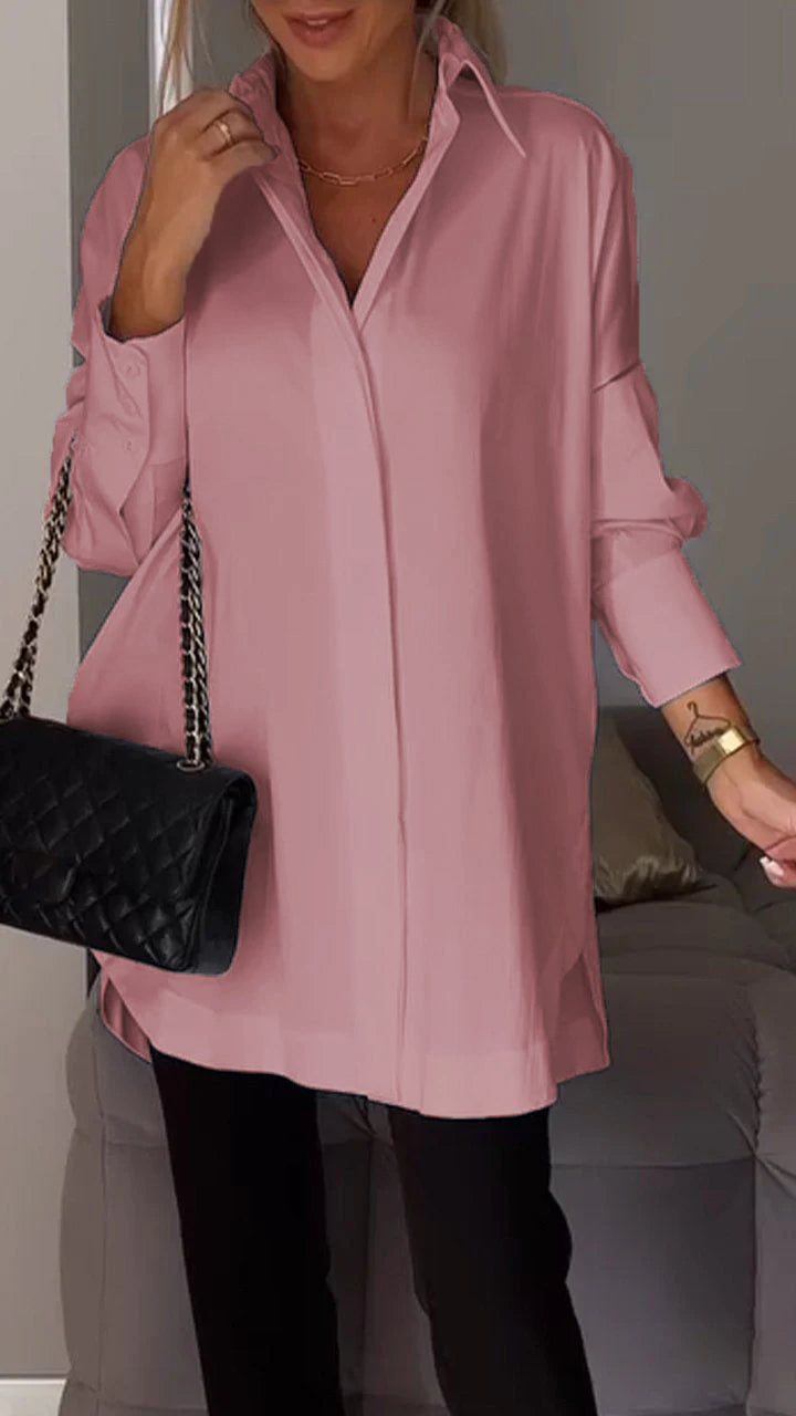 Fashionable women's lapel top, a modern long-sleeve blouse with sophisticated design.