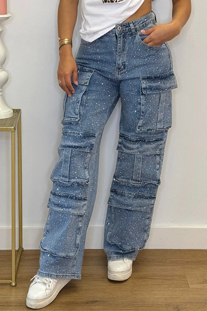 Versatile women's sparkling rhinestone cargo jeans, blending comfort with dazzling flair.
