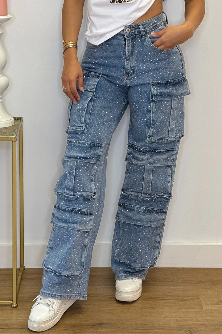 Versatile women's sparkling rhinestone cargo jeans, blending comfort with dazzling flair.