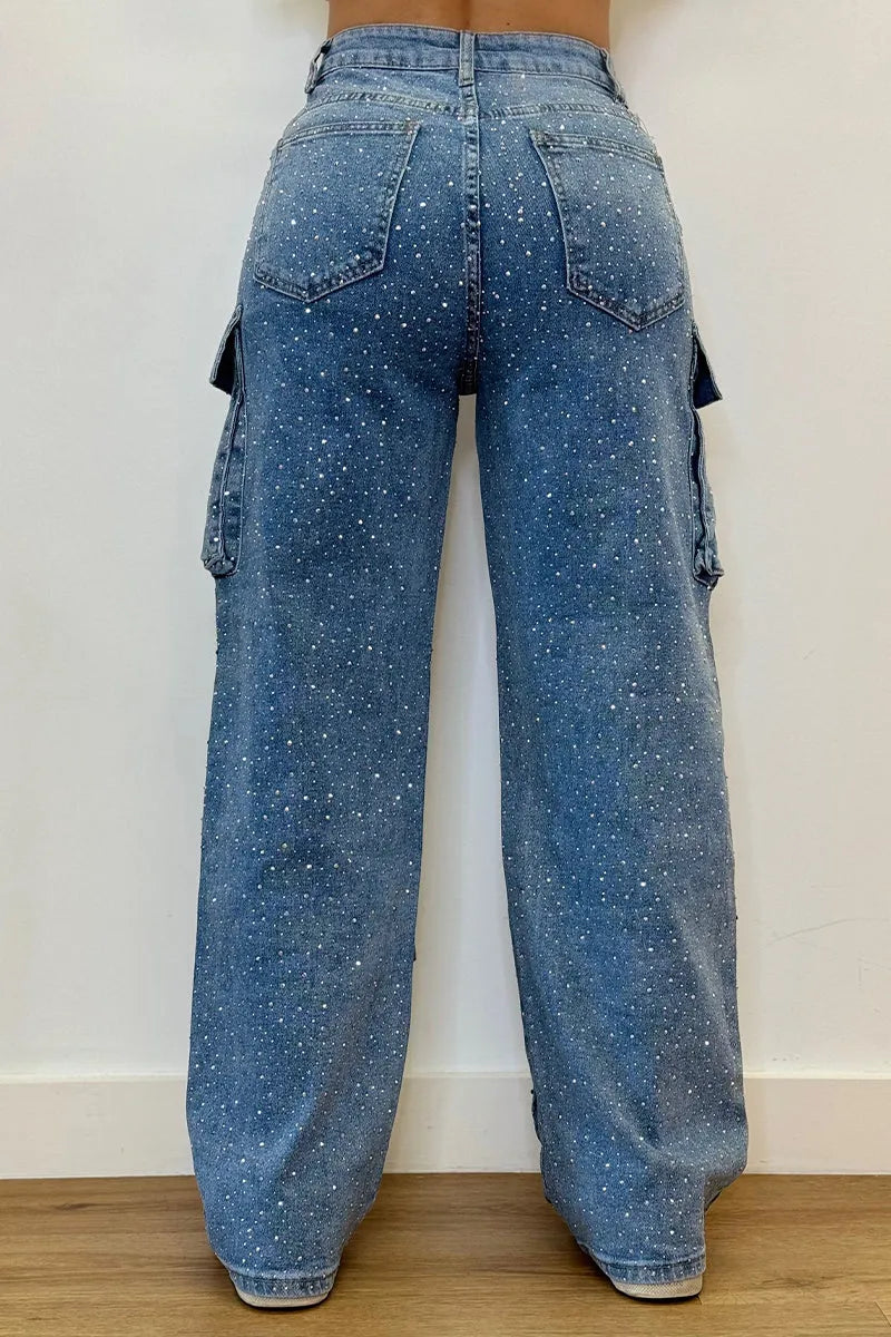 Chic women's sparkling rhinestone cargo jeans for an edgy yet versatile fashion look.