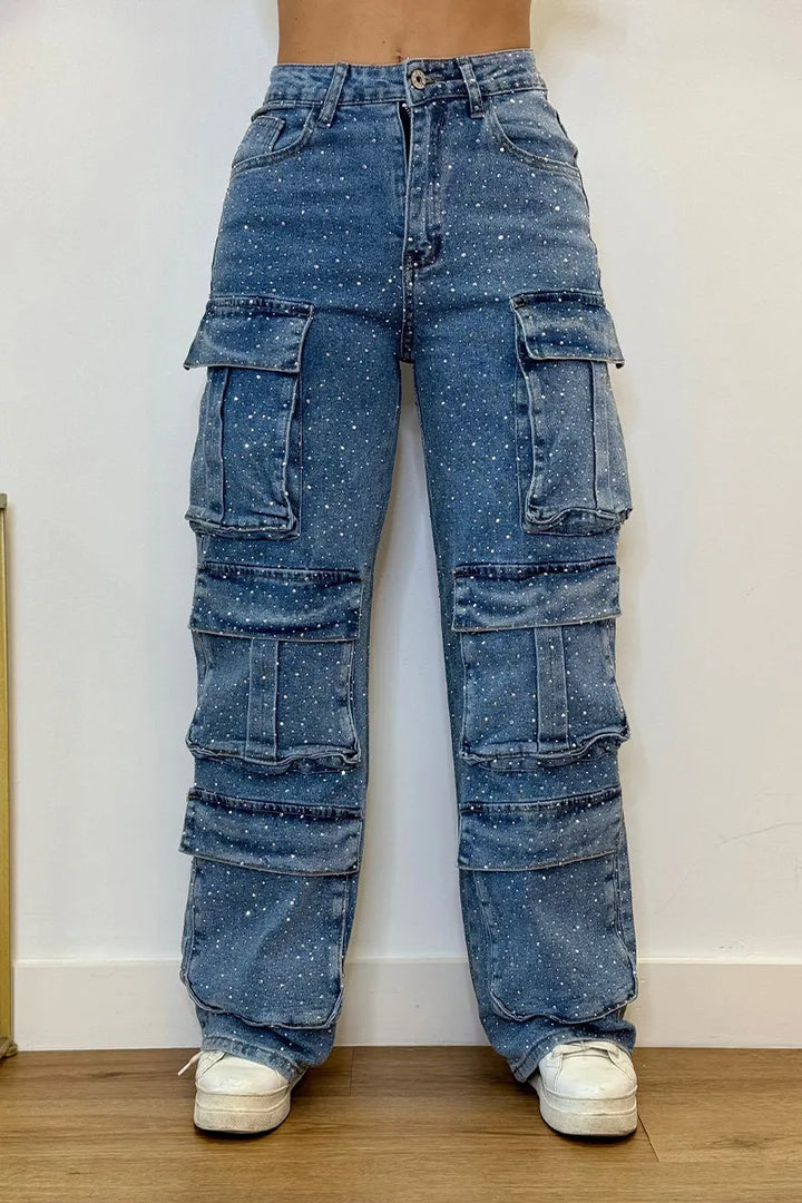 Glamorous women's rhinestone cargo jeans, offering an edgy and chic style statement.