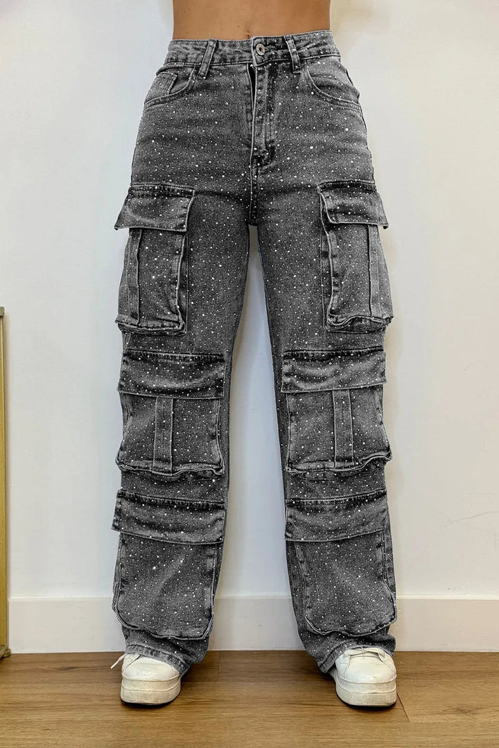 Sparkling rhinestone women's cargo jeans, perfect for adding an edgy glam touch to any outfit.