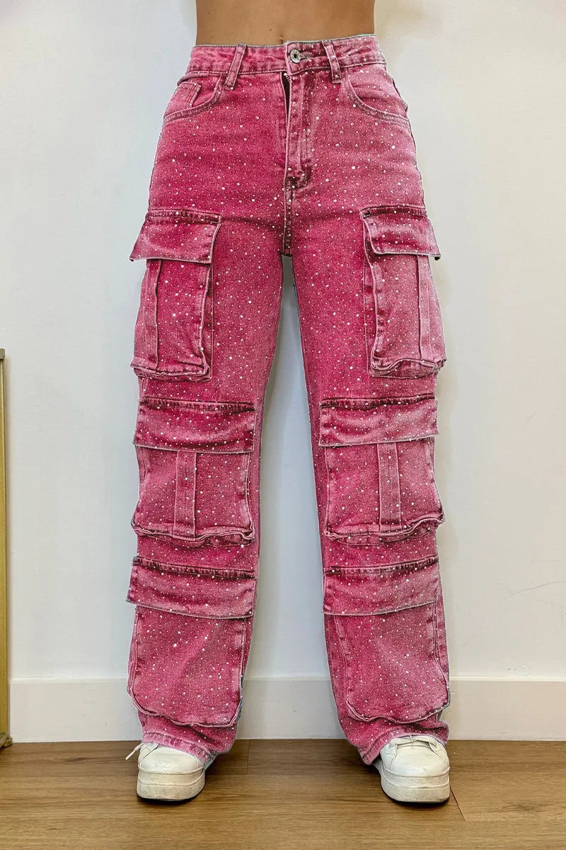 Fashion-forward women's cargo pants, transformed with sparkling rhinestone details.