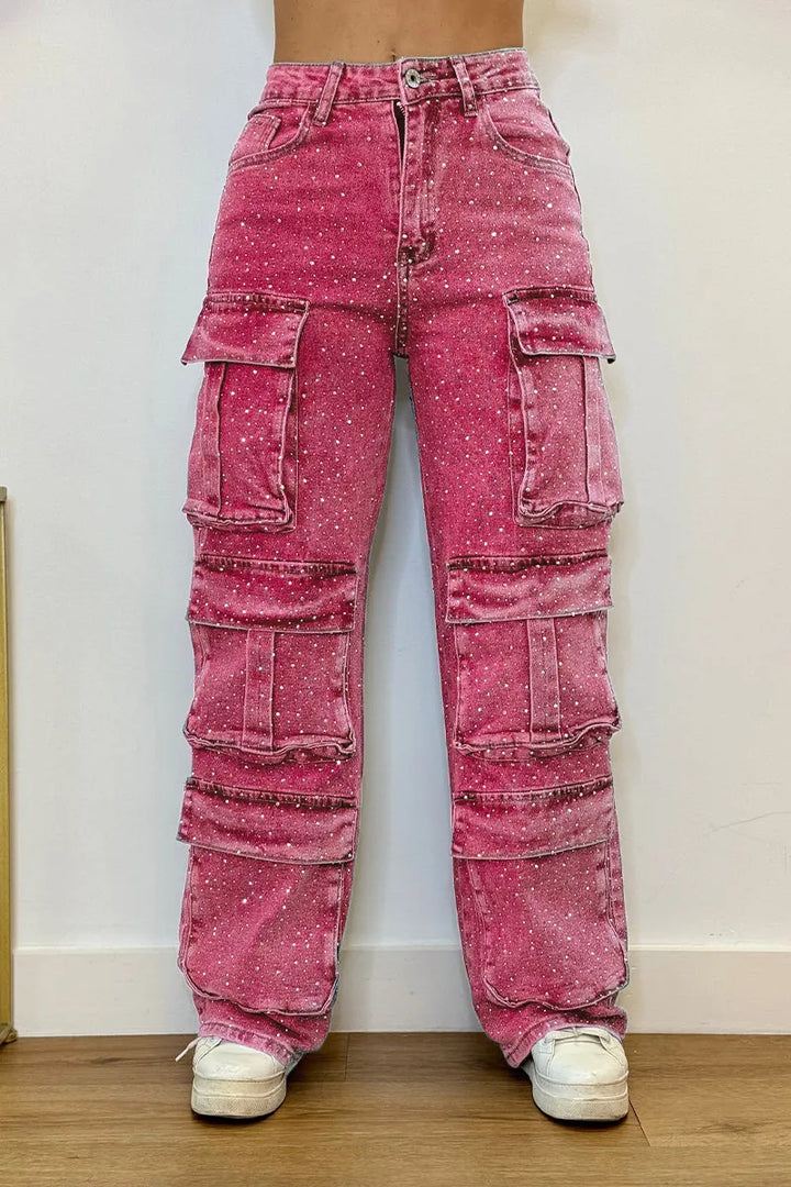 Fashion-forward women's cargo pants, transformed with sparkling rhinestone details.