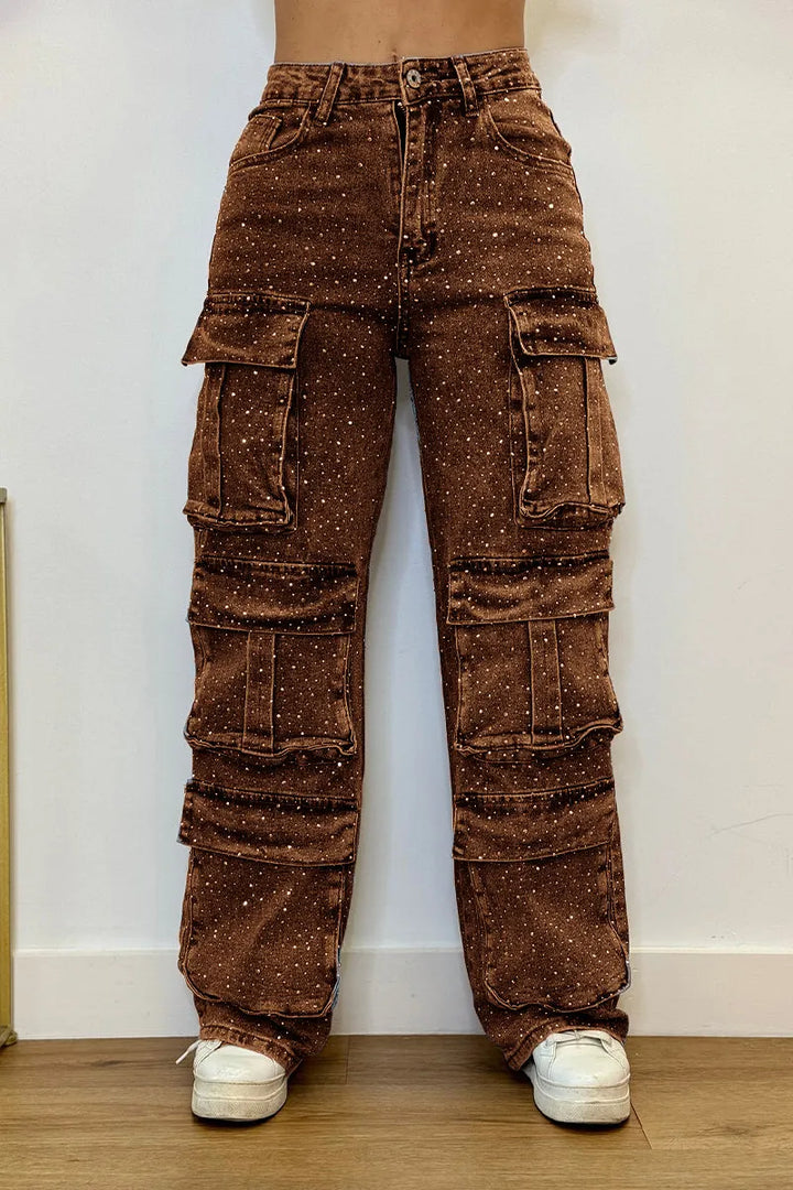 Front view of women's edgy glam cargo jeans, embellished with shimmering rhinestones.