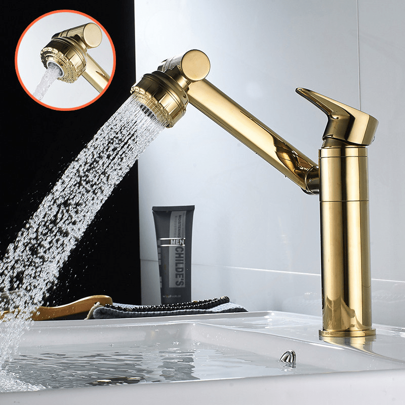 Kitchen sink faucet with 360° flexible spout and dual spray function. Modern stainless steel design.