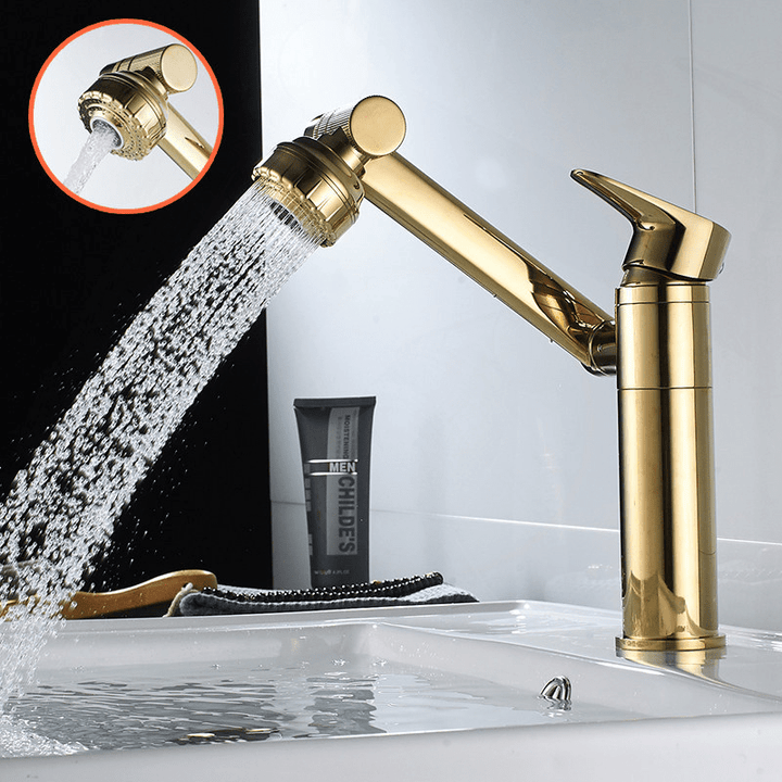 Kitchen sink faucet with 360° flexible spout and dual spray function. Modern stainless steel design.