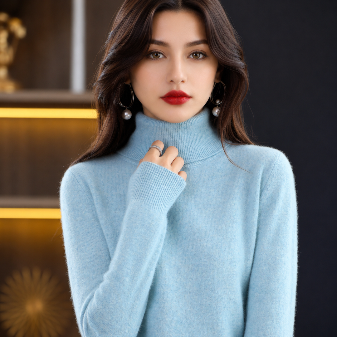 Warm women's turtleneck sweater, made from luxurious cashmere blend knitwear for comfort.