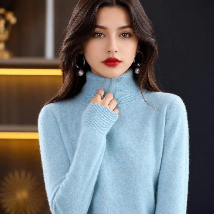 Warm women's turtleneck sweater, made from luxurious cashmere blend knitwear for comfort.
