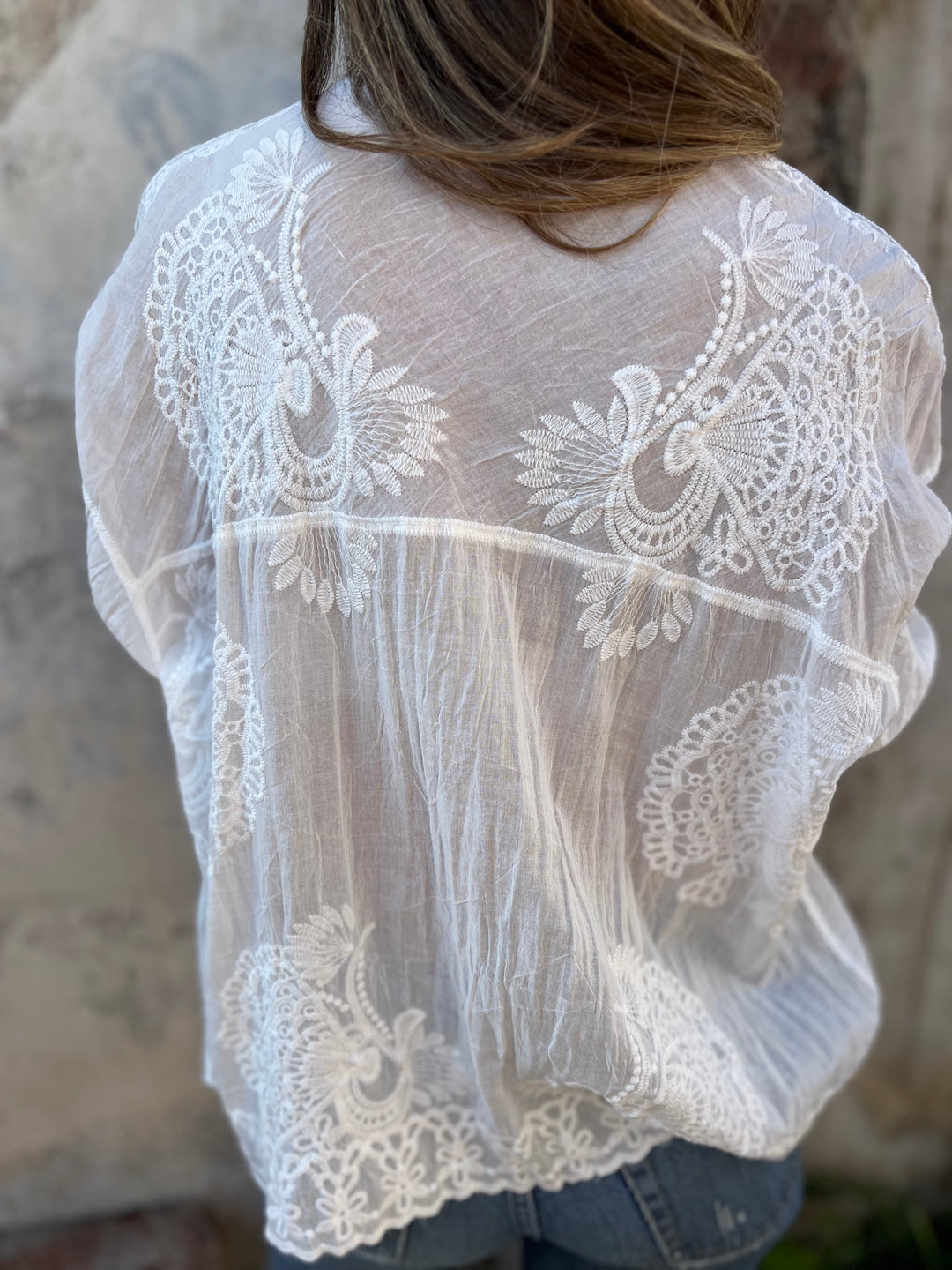 Women's Lace Embroidered Button-Up Blouse