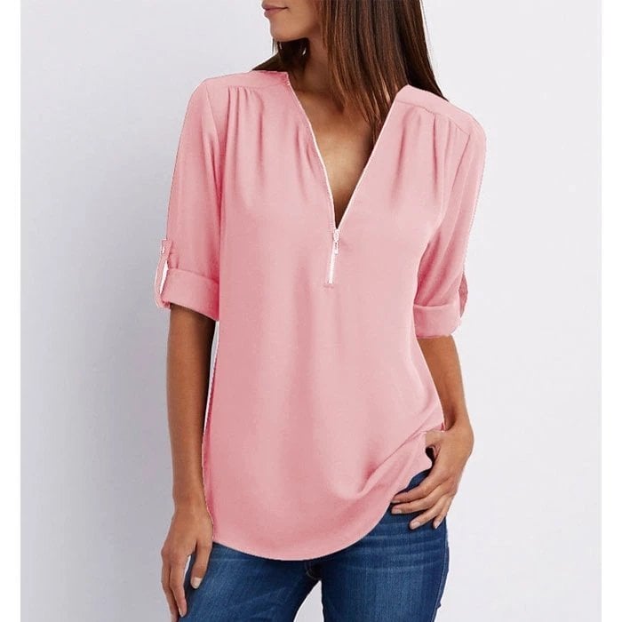 Women's Zip V-Neck 3/4 Sleeve Blouse