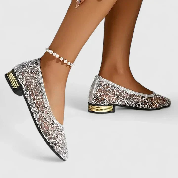 Women's Lace Pointed Toe Flats with Gold Heel