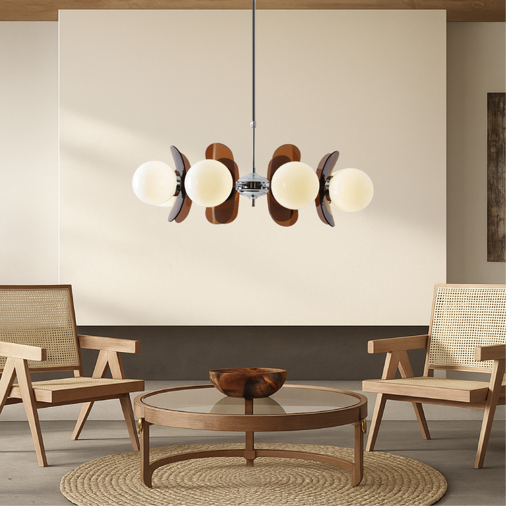 Modern geometric chandelier with frosted glass spheres, perfect for contemporary living & dining rooms.
