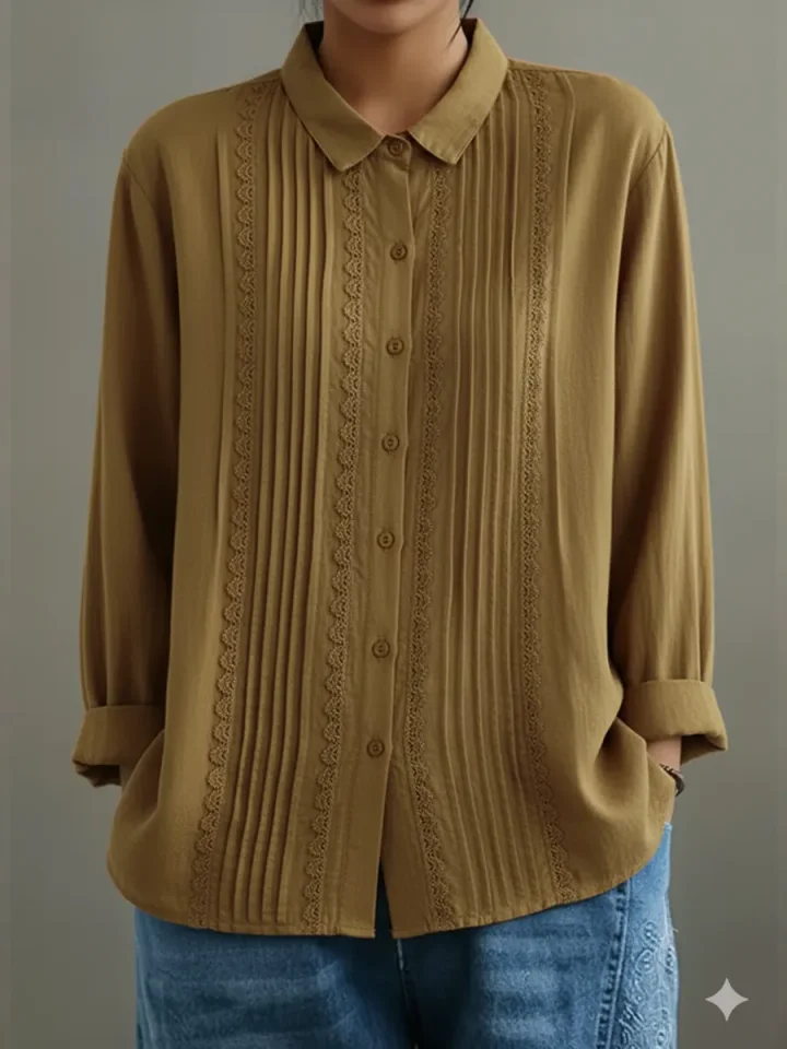 Women's Pintuck Lace Detail Button-Up Blouse