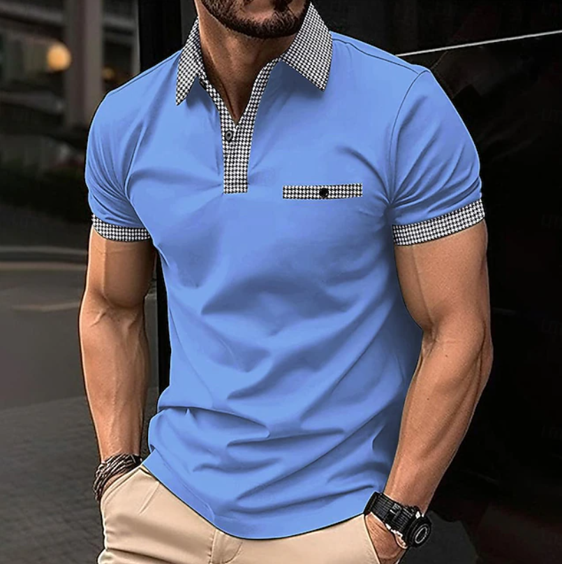 Front view of a classic men's polo shirt with a distinctive checkered collar and short sleeves.