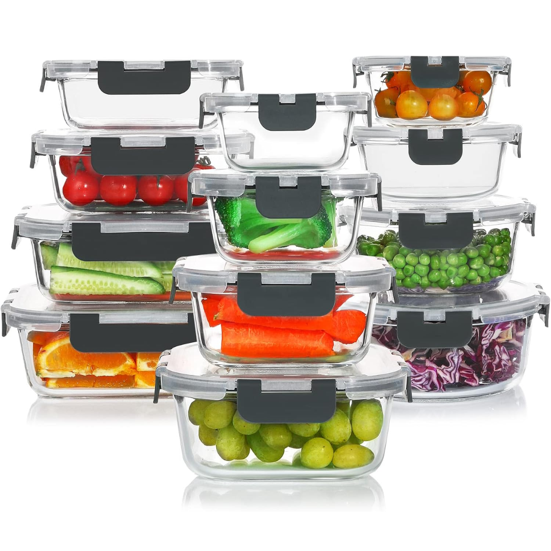 Durable, leakproof glass food storage set for fresh ingredients and leftovers.