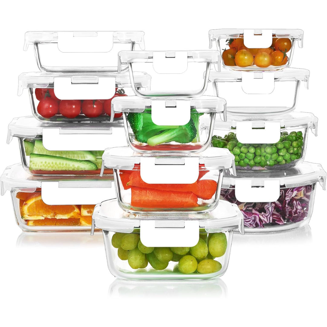 Complete 24-piece glass food storage set, airtight and freezer safe.
