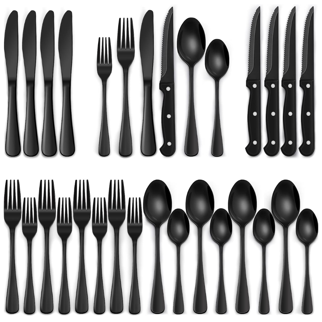 24-piece black stainless steel cutlery set for 4 people