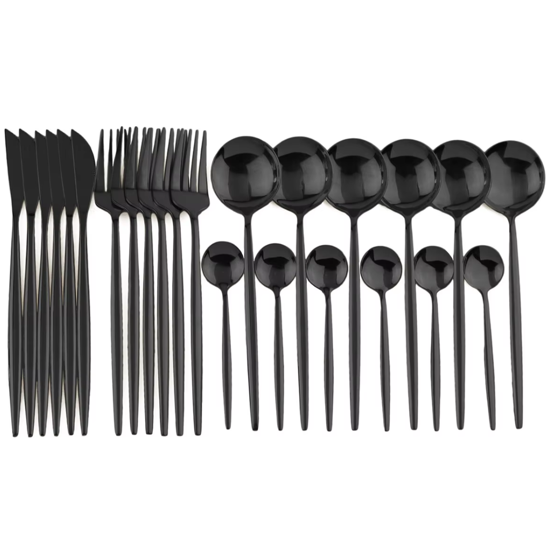 Modern black flatware set including forks, knives, and spoons