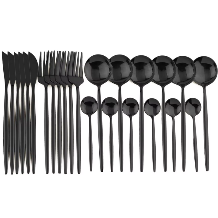 Modern black flatware set including forks, knives, and spoons