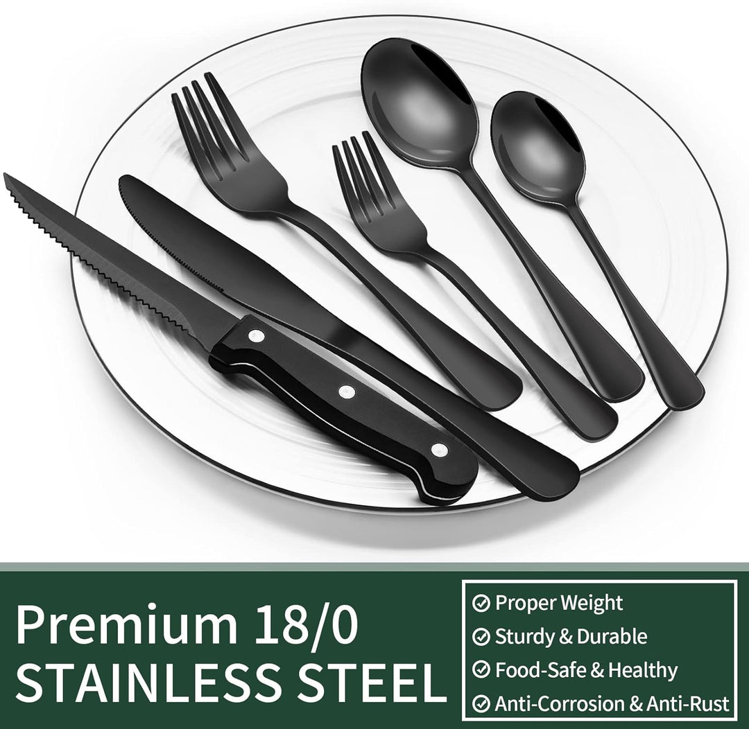 Complete kitchenware set for 4 with contemporary black cutlery