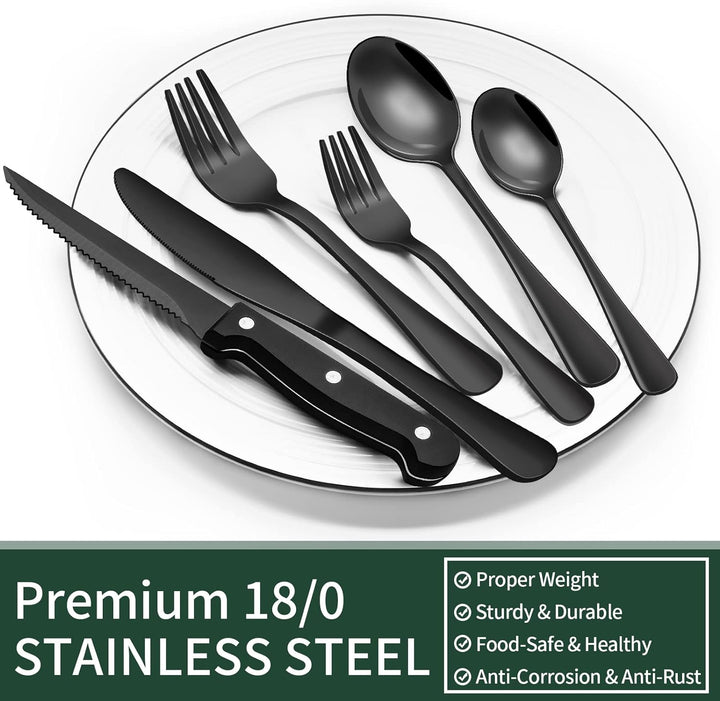 Complete kitchenware set for 4 with contemporary black cutlery