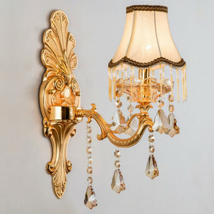 Traditional Victorian metal lighting fixture, a sconce with an elegant shade & beautiful crystal embellishments.