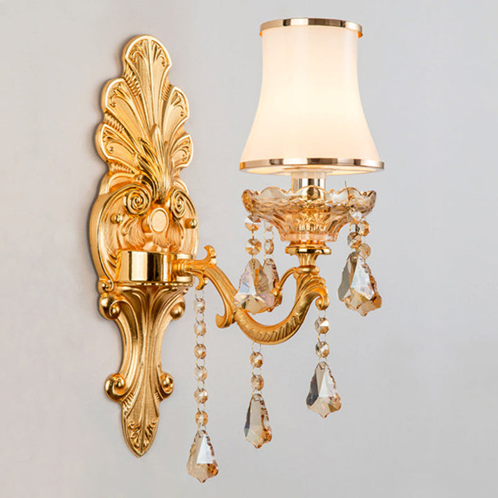Silver Victorian wall lamp with intricate detailing, sophisticated shade, & sparkling crystal drop accents.