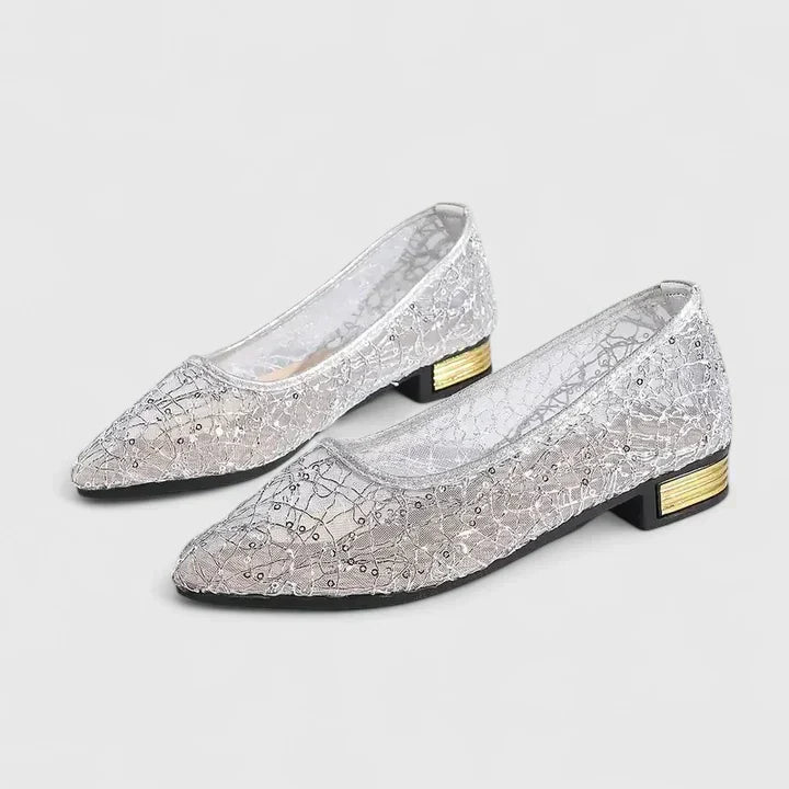 Women's Lace Pointed Toe Flats with Gold Heel