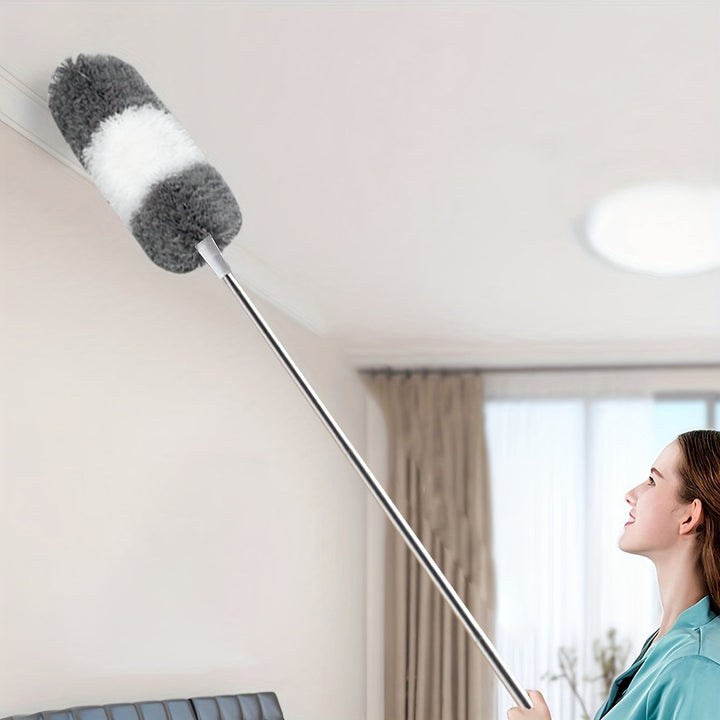 Extendable microfiber duster for high ceilings & hard-to-reach areas. Efficient home cleaning tool.