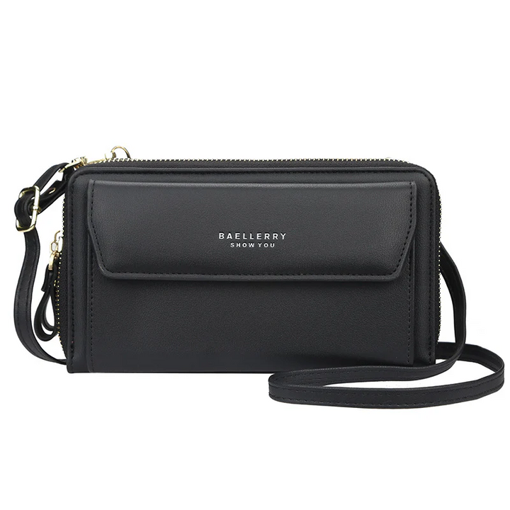 Women's crossbody phone wallet bag in black, perfect for everyday carry and organizing essentials.