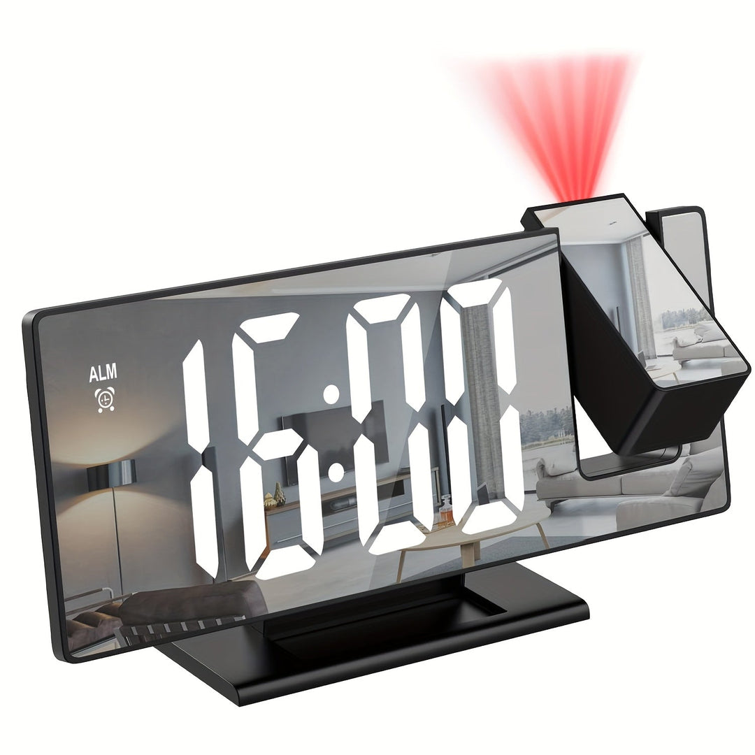 LED Projection Alarm Clock with 180° adjustable display & snooze for bedroom. Modern digital time.