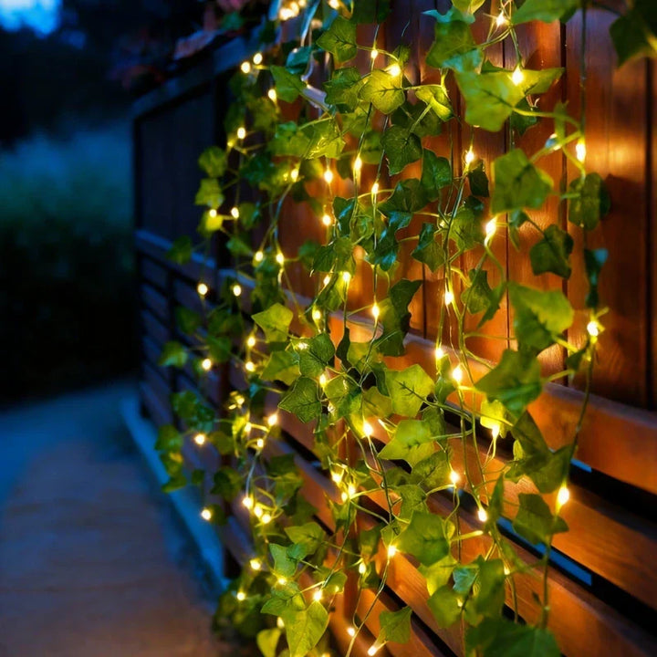 Long LED leaf string lights, warm white, great for indoor outdoor event & holiday decor.