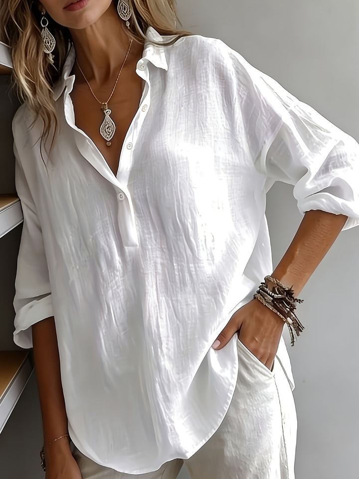 Everyday chic women's relaxed blouse. Comfortable long sleeve collared shirt for casual style.