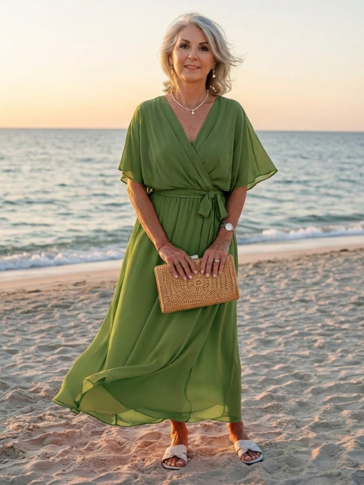 Chic women's draped V-neck midi dress with a flattering tie waist design, ideal for any occasion.