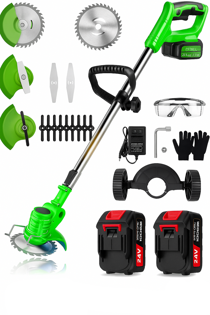 Cordless electric grass trimmer for efficient lawn care and yard maintenance.