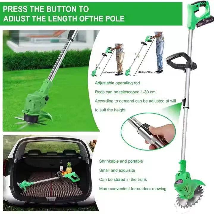 Ergonomic cordless electric trimmer with adjustable shaft for comfortable lawn and brush cutting.