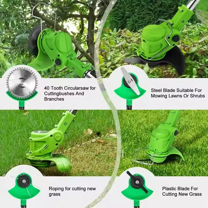 Versatile cordless electric brush cutter for tough weeds, ideal for garden and yard maintenance.